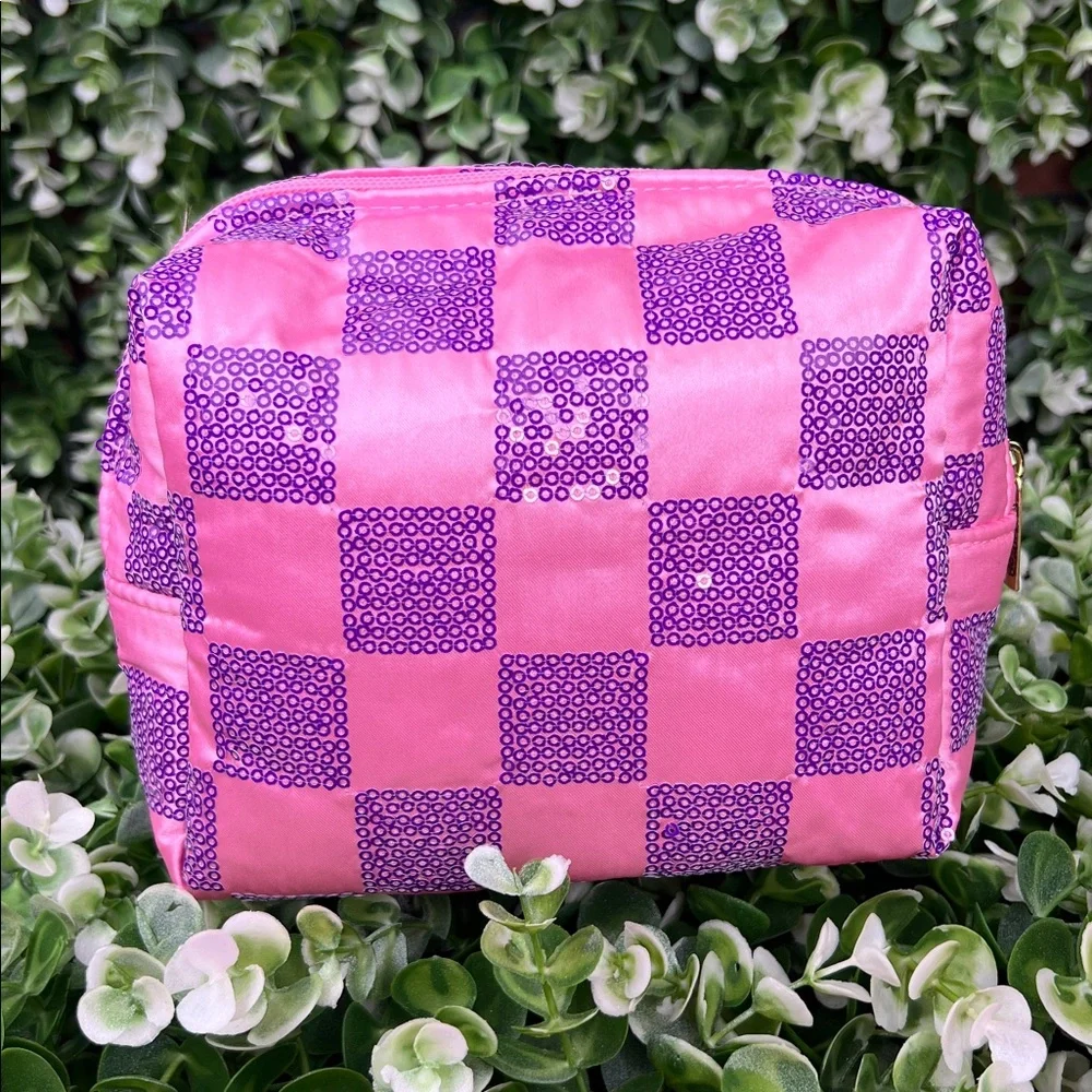 Ulta Beauty Pink and Purple Sequins Check Pattern Cosmetic Pouch Bag